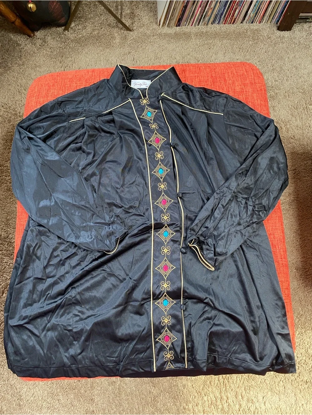 VTG 60’s Asian Mandarin Collar Black Nylon Pajama Set Top Bottom Pants